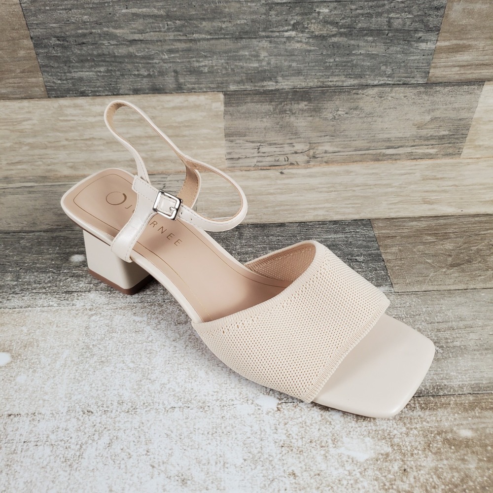 Journee Evylinn Women Heel Sandal Sz 10 Bone Leather Buckle Slingback Block Heel